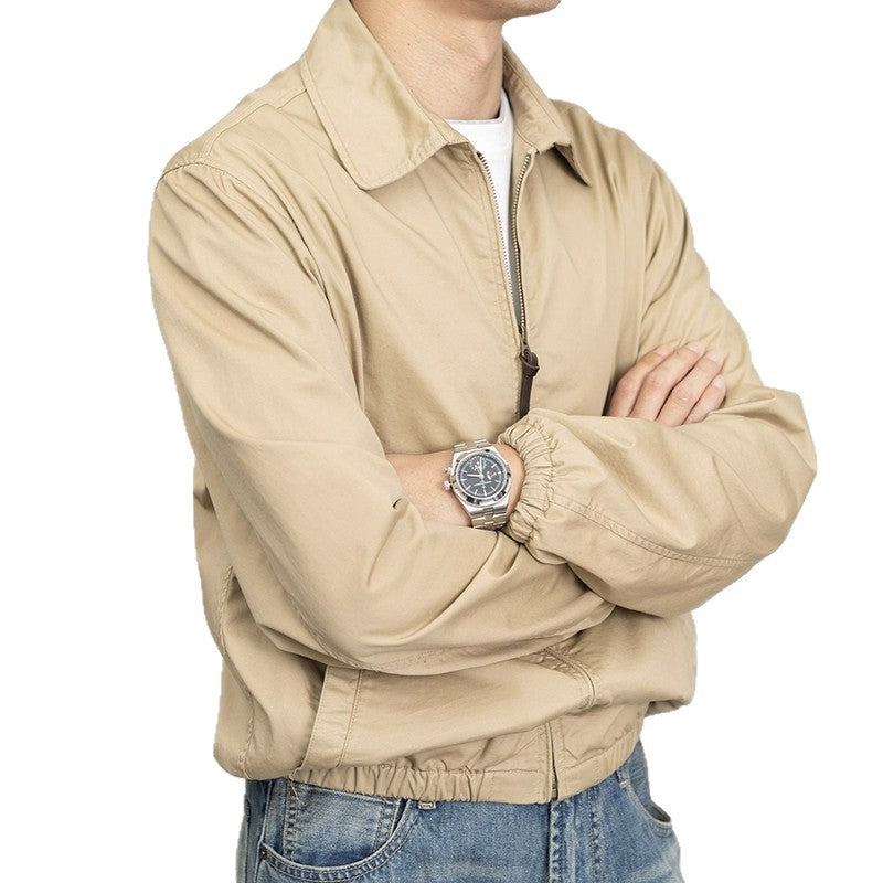 Classic Khaki Retro Cadre Collar Zip Thin Jacket